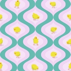 Handdrawn Cute fluffy yellow Easter Chicken Ogees //  Soft Pink and Aquatic Awe Greeni Mediumsh Blue