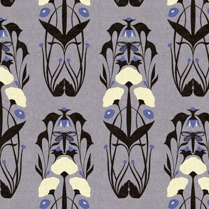 Larger Scale // Art Nouveau Botanical Motif with Dragonfly and Florals in Lavender Gray, Periwinkle, Black and Cream