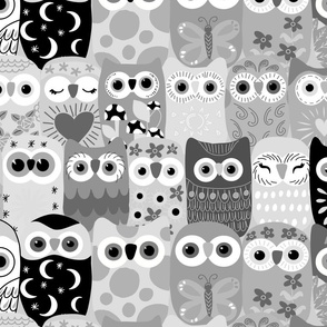 big// Owls crowd stripes lines folk boho Black and White