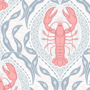 Lobster and Seaweed Nautical Damask - white coral pink grey - large scale