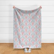 Lobster and Seaweed Nautical Damask - white coral pink grey - medium scale