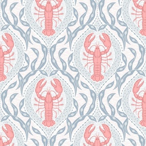 Lobster and Seaweed Nautical Damask - white coral pink grey - medium scale