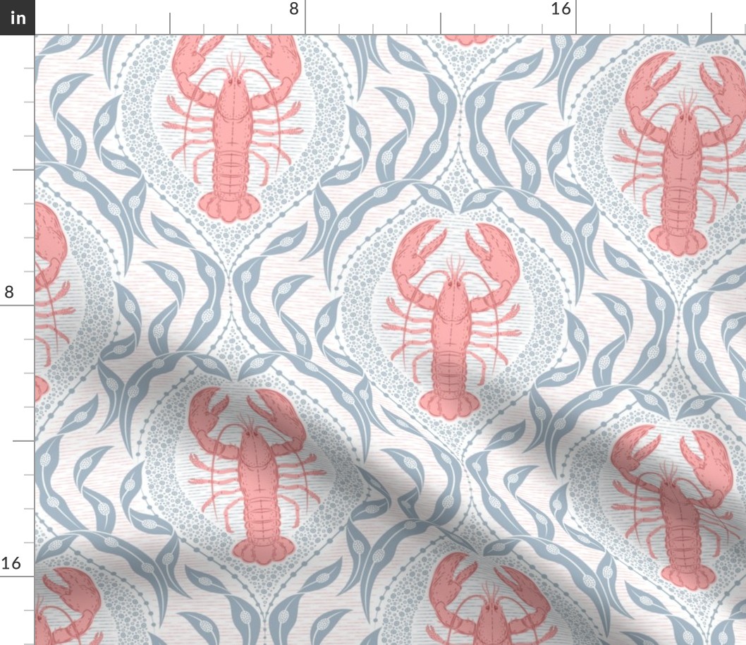 Lobster and Seaweed Nautical Damask - white coral pink grey - medium scale