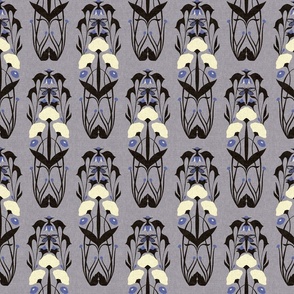 Medium Scale // Art Nouveau Botanical Motif with Dragonfly and Florals in Lavender Gray, Periwinkle, Black and Cream