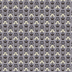 Smaller Scale // Art Nouveau Botanical Motif with Dragonfly and Florals in Lavender Gray, Periwinkle, Black and Cream