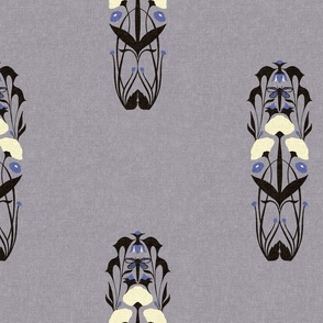 Larger Scale // Art Nouveau Sparse Botanical Motif with Dragonfly and Florals in Lavender Gray, Periwinkle, Black and Cream