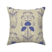 Large Scale // Art Nouveau Botanical Motif with Dragonfly and Florals in Cream, Lavender Grey and Periwinkle Blue