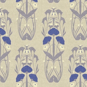 Larger Scale // Art Nouveau Botanical Motif with Dragonfly and Florals in Cream, Lavender Grey and Periwinkle Blue