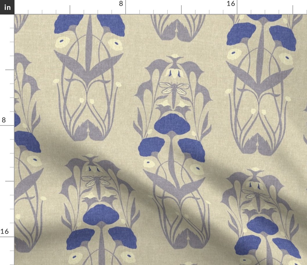 Large Scale // Art Nouveau Botanical Motif with Dragonfly and Florals in Cream, Lavender Grey and Periwinkle Blue