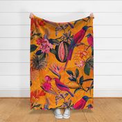 LARGEST - Embrace an Enchanting Romance Jungle: Maximalism Moody Florals, Bouquets of Vintage Flowers,Tropical Birds,and Nostalgic Exotic Fruits in Antiqued Botanical Jungle Garden, Enhanced by Victorian Mystic-Inspired Powder Room Wallpaper Sepia Orange