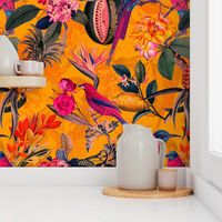 LARGEST - Embrace an Enchanting Romance Jungle: Maximalism Moody Florals, Bouquets of Vintage Flowers,Tropical Birds,and Nostalgic Exotic Fruits in Antiqued Botanical Jungle Garden, Enhanced by Victorian Mystic-Inspired Powder Room Wallpaper Sepia Orange