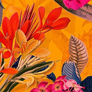 LARGEST - Embrace an Enchanting Romance Jungle: Maximalism Moody Florals, Bouquets of Vintage Flowers,Tropical Birds,and Nostalgic Exotic Fruits in Antiqued Botanical Jungle Garden, Enhanced by Victorian Mystic-Inspired Powder Room Wallpaper Sepia Orange