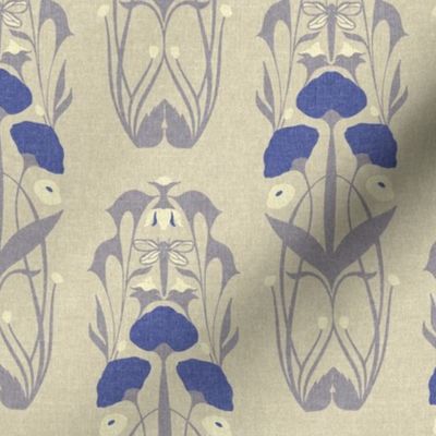 Medium Scale // Art Nouveau Botanical Motif with Dragonfly and Florals in Cream, Lavender Grey and Periwinkle Blue