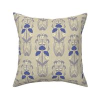 Medium Scale // Art Nouveau Botanical Motif with Dragonfly and Florals in Cream, Lavender Grey and Periwinkle Blue