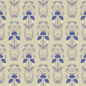 Medium Scale // Art Nouveau Botanical Motif with Dragonfly and Florals in Cream, Lavender Grey and Periwinkle Blue