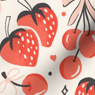 Sweet Treats - Strawberries Cherries Bows Ivory Red Large