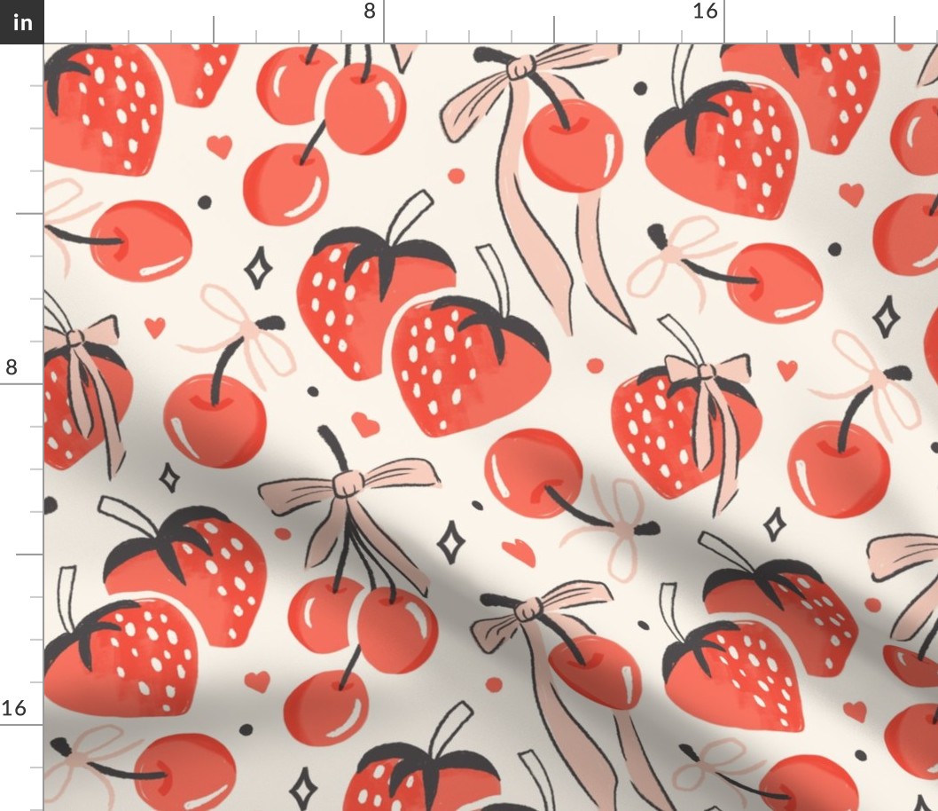 Sweet Treats - Strawberries Cherries Bows Ivory Red Large