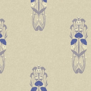 Larger Scale // Art Nouveau Sparse Botanical Motif with Dragonfly and Florals in Cream, Lavender Grey and Periwinkle Blue