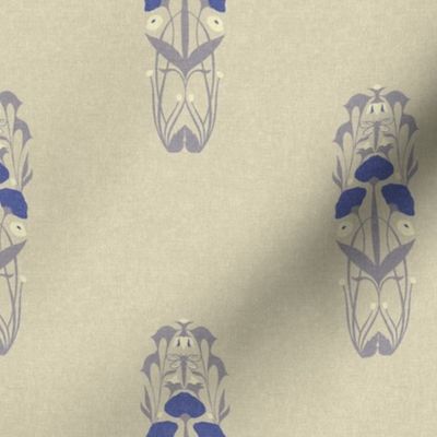 Medium Scale // Art Nouveau Sparse Botanical Motif with Dragonfly and Florals in Cream, Lavender Grey and Periwinkle Blue