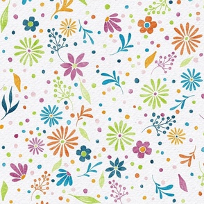 cute watercolor floral large - percy cat coordinate - colorful flower and leaf - lovely watercolor floral fabric and wallpaper