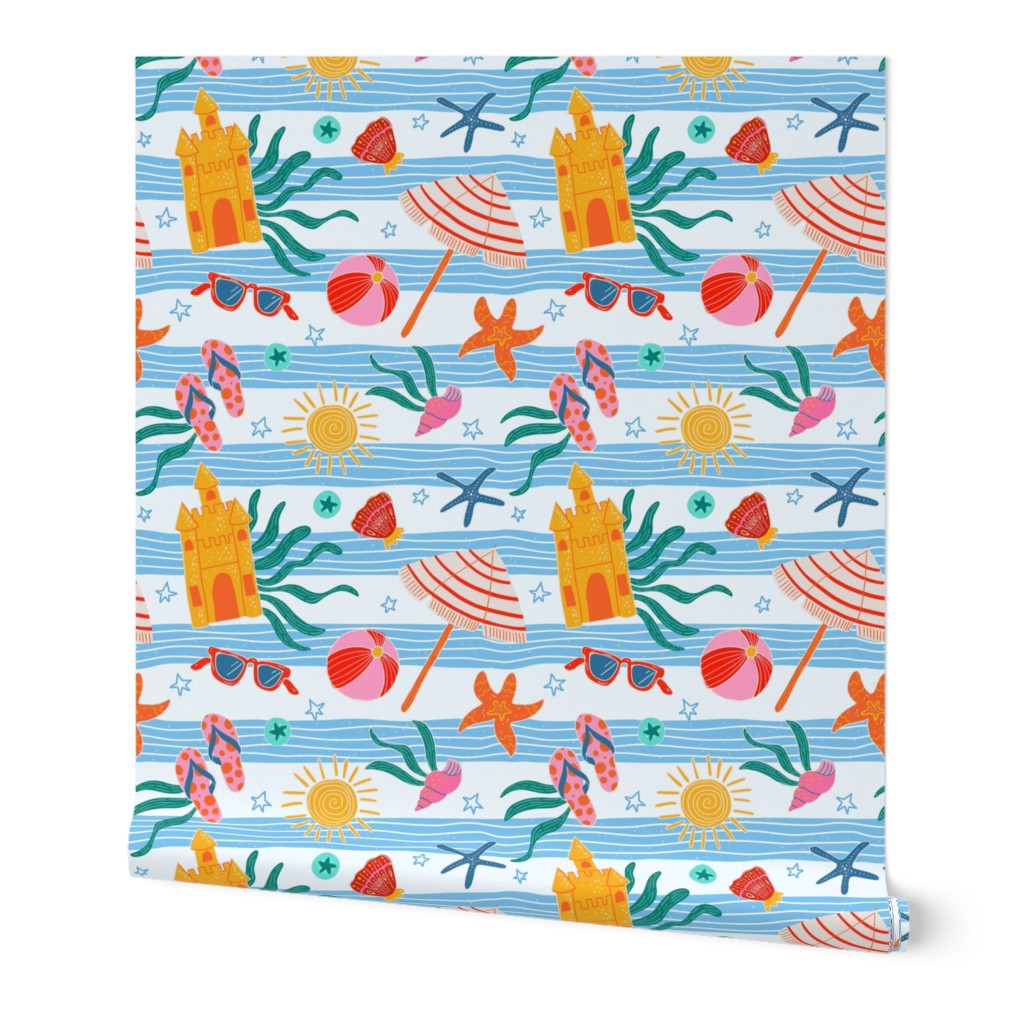 Beach Trip - Wavy Stripes with Summer Seashore Fun Icons