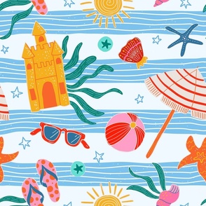 Beach Trip - Wavy Stripes with Summer Seashore Fun Icons