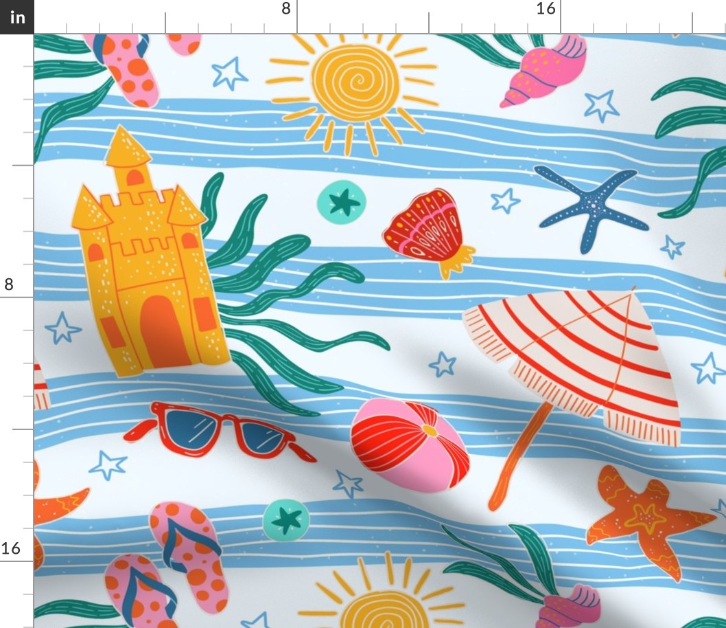 Beach Trip - Wavy Stripes with Summer Seashore Fun Icons