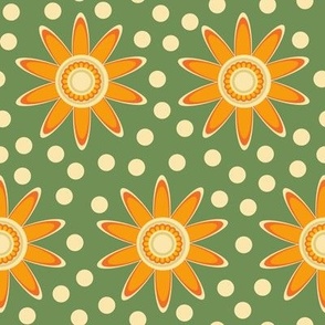Orange Flowers and Cream Dots on a Green Background
