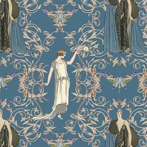 6.5" Fashion Ladies Art Nouveau Gold Vines in dark French Blue by Audrey Jeanne