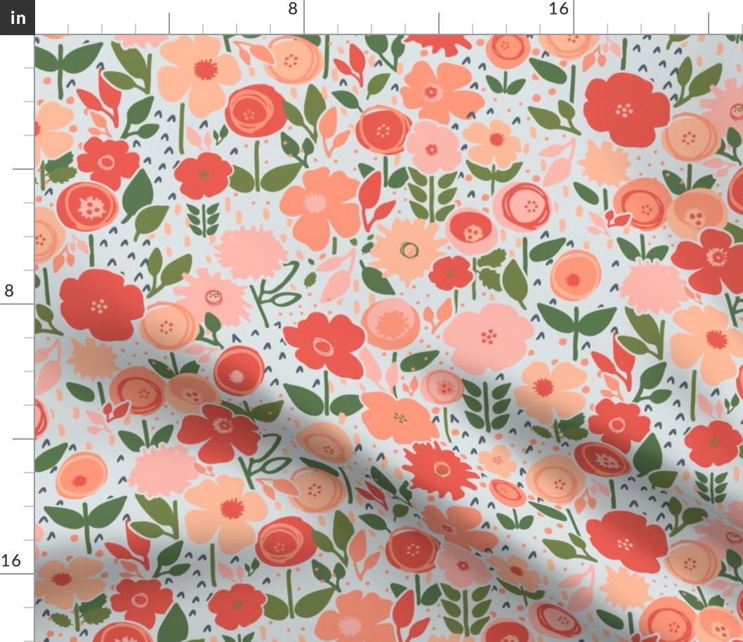 Wonderful Wildflower Soiree in Red Peach Pink in Small Scale