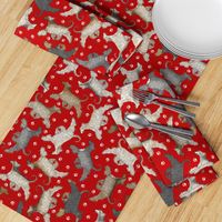 Trotting Afghan Hounds and paw prints - red