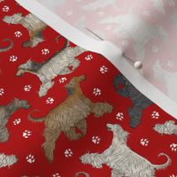 Tiny Trotting Afghan Hounds and paw prints - red