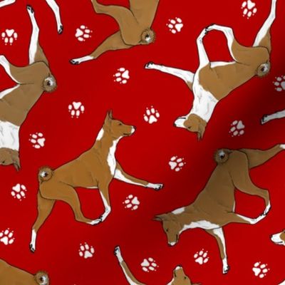 Trotting red Basenjis and paw prints - red
