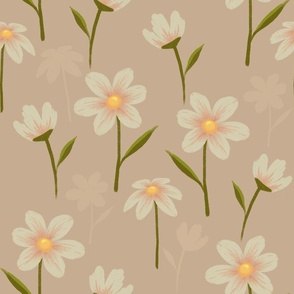 Large Beige Neutral Floral Meadow Cream and Pink Wildflower
