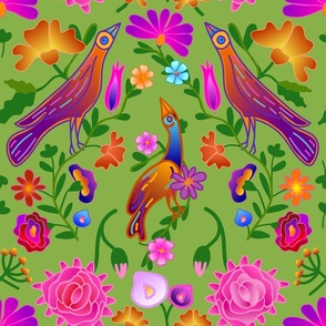 Vibrant Folk Art Birds and Florals - Avocado Green
