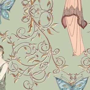 13" Art Nouveau Fashion Ladies Pink n Blue w Gold by Audrey Jeanne