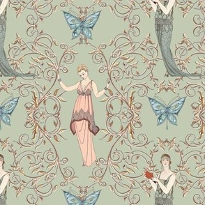 6.5" Art Nouveau Fashion Ladies Pink n Blue on Sage w Gold by Audrey Jeanne