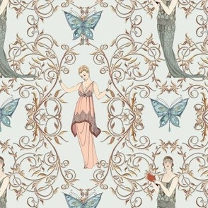 6.5" Art Nouveau Fashion Ladies Pink on Pastel Blue w Gold by Audrey Jeanne