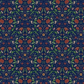 modern victorian floral damask in red, green, gold on navy, small scale 8" 