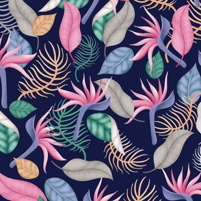 Tropical Summer Jungle Floral Pattern | Navy Blue Background