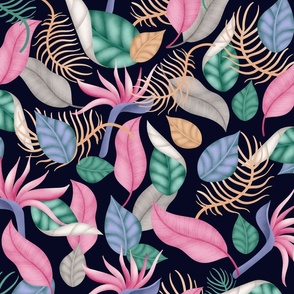 Tropical Summer Jungle Floral Pattern | Deep Black Blue Background