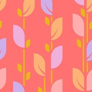 Pastel MidMod Retro Climbing Vines and Leaves - Bright Coral Pink