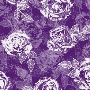 Rose Prints and Leaves w Layers on Dark Purple Lace Texture