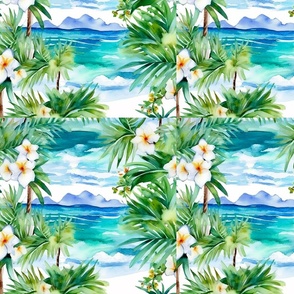 10.81inch Square - Hawaiian-Ocean-Plumeria-Quilt Squares - (Not a Pattern)