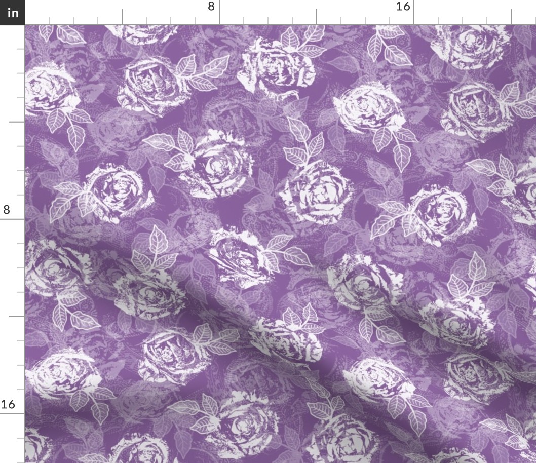 Rose Prints and Leaves w Layers on Orchid Lace Texture
