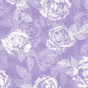 Rose Prints and Leaves w Layers on Rosy Lavender Lace Texture
