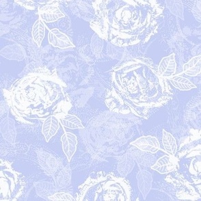 Rose Prints and Leaves w Layers on Pale Iris Lace Texture