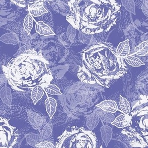 Rose Prints and Leaves w Layers on Periwinkle Lace Texture