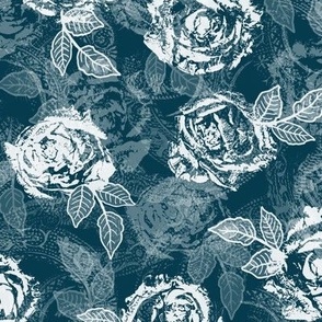 Rose Prints and Leaves w Layers on Prussian Blue Lace Texture
