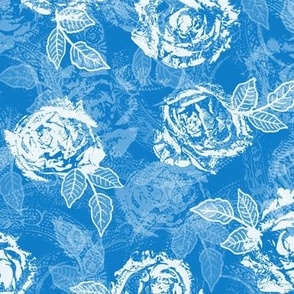 Rose Prints and Leaves w Layers on Bluebell Lace Texture